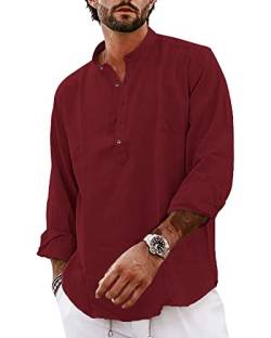 YAOBAOLE Herren Leinen Henley Shirt Grandad Kragen Shirts für Männer Casual Männer Hemd Yoga Leinen Tops, weinrot, M von YAOBAOLE