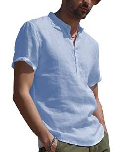 YAOBAOLE Herren Leinen Shirt Kurzarmhemd Slim Fit Sommer Casual Henley Shirts Hellblau XL von YAOBAOLE