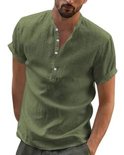 YAOBAOLE Herren Sommer Leinen Baumwolle Henley Hemd Casual Kurzarm Button Up Beach Shirts, armee-grün, 3XL von YAOBAOLE