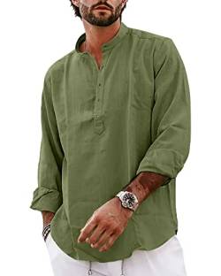 YAOBAOLE Langarm Hemden für Männer Baumwolle Leinenhemd Langarm Freizeithemd Armeegrün M von YAOBAOLE