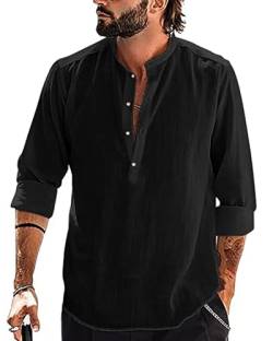 YAOBAOLE Leien Herren Hemd Langarm Baumwolle Leinenhemd Freizeithemd Button Down Shirt Schwarz M von YAOBAOLE