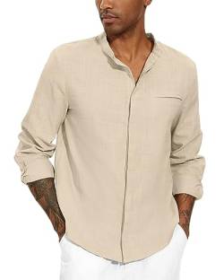 YAOBAOLE Leinen Hemd Herren Henley Hemden für Männer Langarm Sommerhemd Herren Freizeithemd Herren Khaki XL von YAOBAOLE