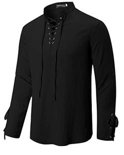 YAOBAOLE Leinen Hemd Herren Herren Renaissance Hemd Langarm Viking Kostüm Schnürhemd Herren Schwarz 2XL von YAOBAOLE