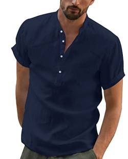 YAOBAOLE Leinenhemd für Herren, kurzärmlig, Maokragen, Sommerhemd, leicht, aus Baumwolle, Leinen, Strandhemd, klassisch, lässig, Henley Shirt, marineblau, 56 von YAOBAOLE