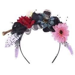 YAOGUI Halloween-Haarband mit buntem Blumenmuster, gruseliger Totenkopf, Skeleon, Handhaarreif, Tag der Toten, Cosplay, Kopfschmuck, Braut-Stirnband von YAOGUI