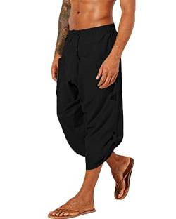 YAOHUOLE 3/4 Hose Herren Sommer Leinen Shorts Herren Kurze Kurze Hosen Herren Leinen Freizeit Hose Kurze Sommer Shorts Herren Schwarz 3XL von YAOHUOLE