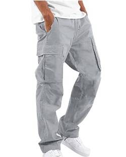 YAOHUOLE Cargo Hosen Männer Lang Leinenhose Herren Leichte Lose Herren Arbeitshosen Regular Fit Grau 2XL von YAOHUOLE