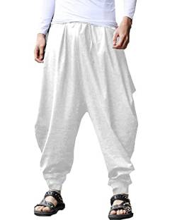 YAOHUOLE Herren Baumwolle Leinen Hose Baggy Casual Haremshose Weites Bein Kidoriman Hosen Kordelzug Piraten Kostüm Hippie Kleidung, weiß, 34-37 von YAOHUOLE