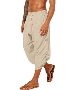 YAOHUOLE Herren Baumwolle Leinen Hosen Lose Casual Yoga Hosen Strandhose Sommer Leichte Elastische Taille Kordelzug, khaki, 36-41 von YAOHUOLE