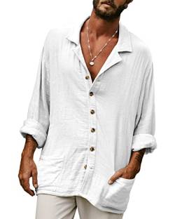 YAOHUOLE Herren Casual Button Down Hemd Baumwolle Leinen Strand Tops Sommer Leichtes Hemd Loose Fit Kent Kragen mit Tasche, weiß, M von YAOHUOLE