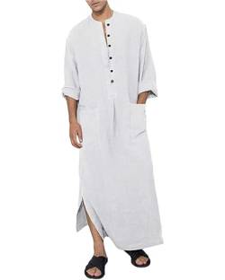 YAOHUOLE Herren Kaftan Langarm Casual Baumwolle Thobe V-Ausschnitt Kaftan Herren Lang Weiß L von YAOHUOLE