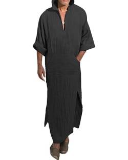 YAOHUOLE Herren Kaftan V-Ausschnitt Home Robe Lange Ärmel Seite Split mit Taschen Schwarz XL von YAOHUOLE