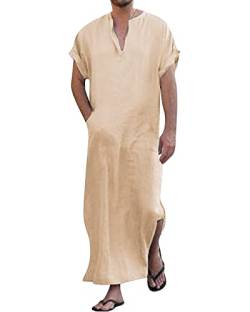 YAOHUOLE Herren Kurzarm Long Gown Thobe Lose Fit Side Split Home Robe Mit Pocket Khaki 2XL von YAOHUOLE