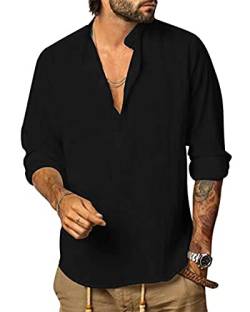 YAOHUOLE Herren Leinenhemd Casual Baumwolle Henley Shirt Langarm Hippie Strand Knopf Sommer Hemd, Schwarz , XL von YAOHUOLE