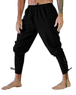 YAOHUOLE Herren Mittelalterhose Baumwolle Leinen Piratenhose für Männer Wikinger Renaissance Kostüm Kordelzug Elastische Taille mit Tasche, Schwarz , 27-32 von YAOHUOLE