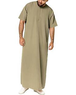 YAOHUOLE Kaftan Herren Lang Thobe Herren Kaftan Herren Leinen Kurzarm Regular Fit Dunkel Khaki 2XL von YAOHUOLE