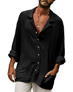 YAOHUOLE Lässiges Herrenhemd aus Baumwoll-Leinen, Knopfleiste, langärmelig, einfarbig, Hawaii-Sommer-Strandhemd, Schwarz , L von YAOHUOLE