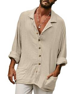 YAOHUOLE Lässiges Herrenhemd aus Baumwoll-Leinen, Knopfleiste, langärmelig, einfarbig, Hawaii-Sommer-Strandhemd, khaki, L von YAOHUOLE