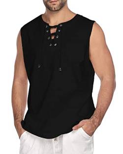 YAOHUOLE Leinen Hemd Herren Ärmelloses Renaissance Hemd Herren Sommer Viking Kostüm Schnürhemd Herren Schwarz 3XL von YAOHUOLE