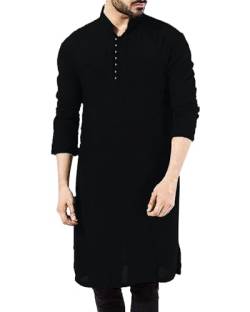 YAOHUOLE Leinen Herren Hemden Langarm Regular Fit Kaftan Herren Lang Arabisch Schwarz 3XL von YAOHUOLE