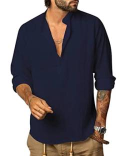 YAOHUOLE Sommer Leinen Oberhemden Herren Langarm Fit Strand, Outdoor, Reisen, Picknick, Dating Navy 3XL von YAOHUOLE