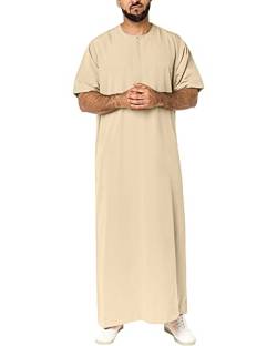 YAOHUOLE Thobe für Herren Baumwolle Leinen Rundhals Kaftan Kurzarm Islamische Lounge Abaya Roben mit Reißverschluss Leiste, Hellkhaki, L von YAOHUOLE