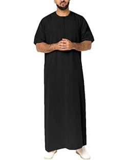 YAOHUOLE Thobe für Herren Baumwolle Leinen Rundhals Kaftan Kurzarm Islamische Lounge Abaya Roben mit Reißverschluss Leiste, Schwarz , XXXL von YAOHUOLE