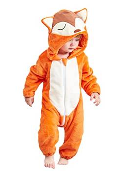 YAOMEI Baby Strampler mit Kapuze Kinder Jungen Mädchen Jumpsuits Overall, Flanell Kostüm Tier Onesie Nachthemd Schlafanzug Nachtwäsche Cosplay Kigurum Outfits Weihnachten Halloween (Fuchs, 100) von YAOMEI