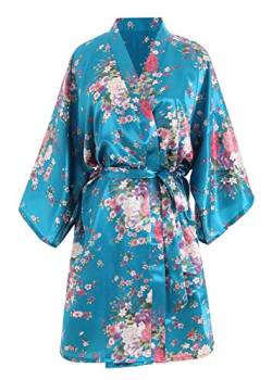 YAOMEI Damen Braut Brautjungfer Morgenmantel Kimono Satin Nachtwäsche Bademantel Robe Funkeln Kirschblüten Negligee Schlafanzug S-2XL (Fehlschlag: 126 cm, Fit für S bis 2XL, Blauer See ) von YAOMEI