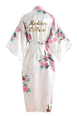 YAOMEI Damen Braut Brautjungfer Morgenmantel Kimono Satin Nachtwäsche Bademantel Robe Funkeln Pfau Morgenmantel Negligee Schlafanzug (Brustbreite: 126cm, Weiß-Mother of Bride) von YAOMEI