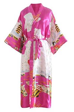 YAOMEI Damen Braut Brautjungfer Morgenmantel Kimono Satin Nachtwäsche Bademantel Robe Geisha-Blüten Negligee Schlafanzug S-2XL (Fehlschlag: 126 cm, Fit für S bis 2XL, Rose) von YAOMEI