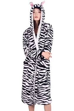 YAOMEI Damen Morgenmantel Bademäntel Karikatur Kapuze, Winter Vlies Nachtwäsche Nachthemd Robe Negligee locker Schlafanzug für Spa Hotel Sauna, Party, Shower (Zebra) von YAOMEI