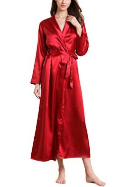 YAOMEI Damen Morgenmantel Bademäntel Satin Kimono, Lang Nachtwäsche Nachthemd Robe Kimono Negligee locker Schlafanzug für Spa Hotel Sauna Brautjungfer, Party, Bridal Shower (X-Large, Rot) von YAOMEI