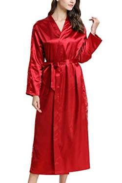 YAOMEI Damen Morgenmantel Bademäntel Satin Kimono, Lang Spitze Nachtwäsche Nachthemd Robe Kimono Negligee Schlafanzug für Spa Hotel Braut Brautjungfer, Party (Büste 108cm, 42,52 Zoll, Rot) von YAOMEI