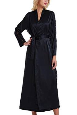 YAOMEI Damen Morgenmantel Bademäntel Satin Kimono, Lang Spitze Nachtwäsche Nachthemd Robe Kimono Negligee Schlafanzug für Spa Hotel Braut Brautjungfer, Party (Büste 108cm, 42,52 Zoll, Schwarz) von YAOMEI