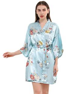 YAOMEI Damen Morgenmantel Kimono, Seidig Satin Drucken Nachtwäsche Bademantel Robe mit Kimono Negligee Seidenrobe locker Schlafanzug, Kurz Stil (One Size, Blau) von YAOMEI