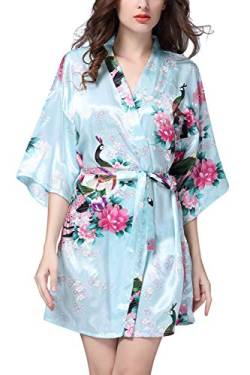 YAOMEI Damen Morgenmantel Kimono, Seidig Satin Nachtwäsche Bademantel Robe mit Peacock und Blume Kimono Negligee Seidenrobe locker Schlafanzug, Kurz Stil (XXX-Large, Hellblau) von YAOMEI