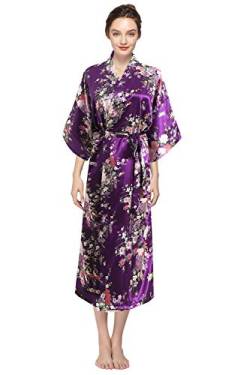 YAOMEI Damen Morgenmantel Kimono In voller Länge, Seidig Satin Nachtwäsche Bademantel Robe Peacock und Blume Kimono Negligee Seidenrobe locker Schlafanzug Erweiterte Version (M (34-44EU), Lila) von YAOMEI