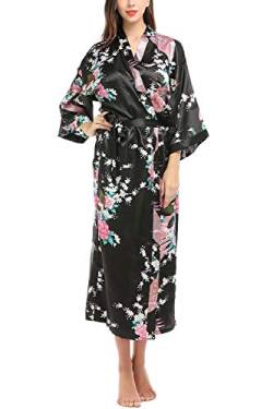 YAOMEI Damen Morgenmantel Kimono In voller Länge, Seidig Satin Nachtwäsche Bademantel Robe Peacock und Blume Kimono Negligee Seidenrobe locker Schlafanzug Erweiterte Version (XL (44-52EU), Schwarz) von YAOMEI