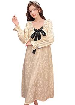 YAOMEI Damen Nachthemd Satin Negliee Sleepshirt Schlafanzug Lange Ärmel Nachtwäsche Nachtkleid Lingerie Pyjamas Sleepwear (XL, Gold) von YAOMEI