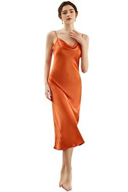 YAOMEI Damen Satin Lang Nachthemd Negliee Sleepshirt Schlafanzug Ladies Drucken Nachtwäsche Nachtkleid Lingerie Pyjamas Sleepwear (XXL, Orange) von YAOMEI