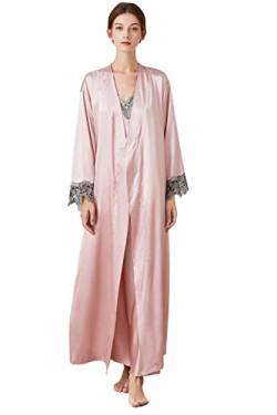 YAOMEI Damen Satin Nachthemd Negliee mit Morgenmantel Kimono, 2 Stück Damen Spitze Negliee Sleepshirt Schlafanzug Silk Lang Ärmeln Lingerie Robes Nachtkleid Lingerie Sleepwear (L, Rosa3) von YAOMEI