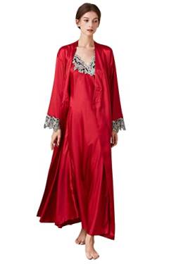 YAOMEI Damen Satin Nachthemd Negliee mit Morgenmantel Kimono, 2 Stück Damen Spitze Negliee Sleepshirt Schlafanzug Silk Lang Ärmeln Lingerie Robes Nachtkleid Lingerie Sleepwear (L, Rot3) von YAOMEI