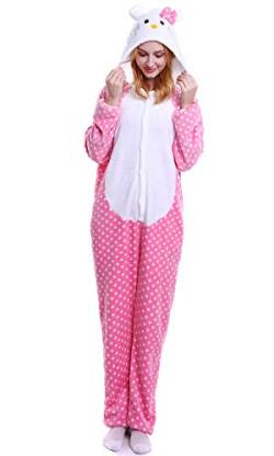YAOMEI Erwachsene Unisex Overalls, Kostüm Tier Kostüm Anzug Strampler Nachthemd Pyjama Hoodie Nachtwäsche Cosplay Karton 3D Kigurumi Karneval Weihnachten Halloween (L, Kitty) von YAOMEI