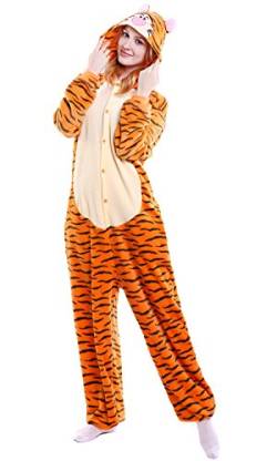 YAOMEI Erwachsene Unisex Overalls, Kostüm Tier Kostüm Anzug Strampler Nachthemd Pyjama Hoodie Nachtwäsche Cosplay Karton 3D Kigurumi Karneval Weihnachten Halloween (S, Tigger) von YAOMEI