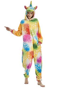 YAOMEI Erwachsene Unisex Overalls, Kostüm Tier Kostüm Anzug Strampler Nachthemd Pyjama Hoodie Nachtwäsche Cosplay Karton 3D Kigurumi Karneval Weihnachten Halloween (XL, A-Gelbes Einhorn) von YAOMEI