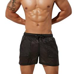 YAOMEI Herren Badehose Badeshorts Kurze Hose Shorts mit Futter, Transparent Badeanzug Slip Swimming Trunks Schwimmhose Badekleid Swimwear Bademode mit Taschen (S, Schwarz) von YAOMEI