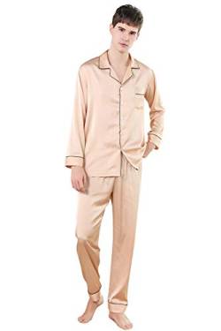 YAOMEI Herren Schlafanzug, 2021 Satin Paare lang Zweiteiliger Pyjamas Frühling Sommer, Herren Schlafanzug mit Überprüfen Sie geknöpftes Hemd Kragen mit Tasche L XL XXL (Gold, l) von YAOMEI