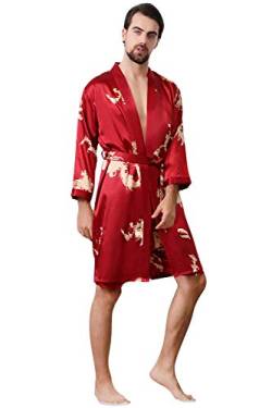 YAOMEI Herren Schlafanzug Morgenmantel, 2-in-1 Bademäntel Kimono + Schlafanzughose, Satin Nachtwäsche Bademantel Robe Negligee locker Schlafanzug Hose (4XL, Roter Drache) von YAOMEI