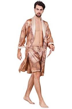 YAOMEI Herren Schlafanzug Morgenmantel, 2-in-1 Bademäntel Kimono + Schlafanzughose, Satin Nachtwäsche Bademantel Robe Negligee locker Schlafanzug Hose (5XL, Gold) von YAOMEI